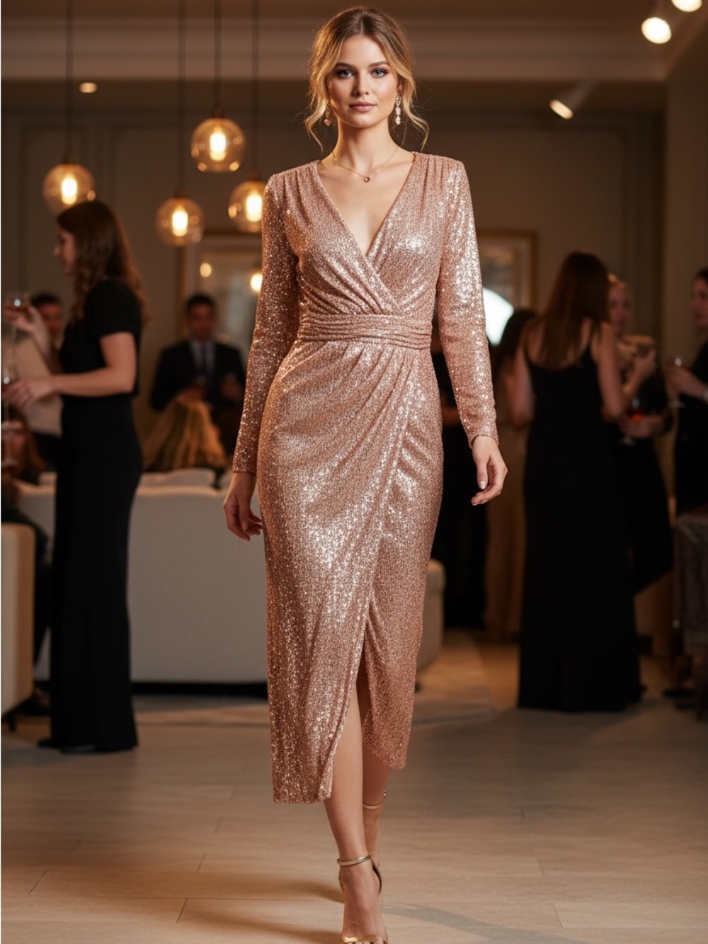 Ieena for MAC DUGGAL rose gold sequin faux wrap midi cocktail dress Long sleeve